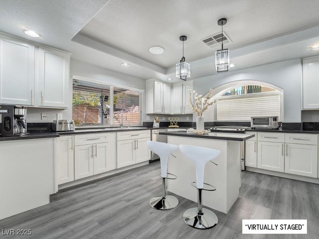 kitchen with white cabinets and a raised ceiling