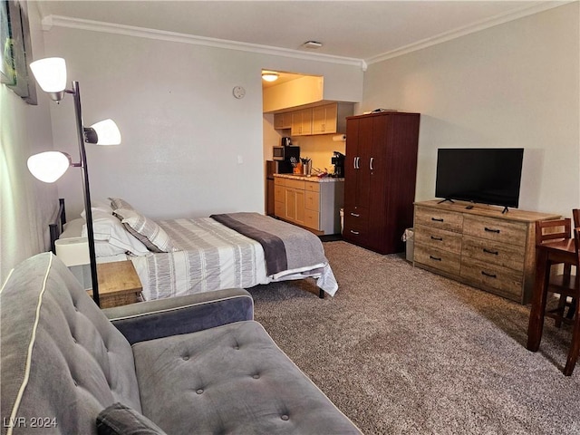 carpeted bedroom with crown molding