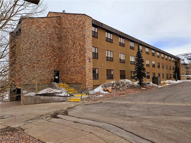 view of snow covered building