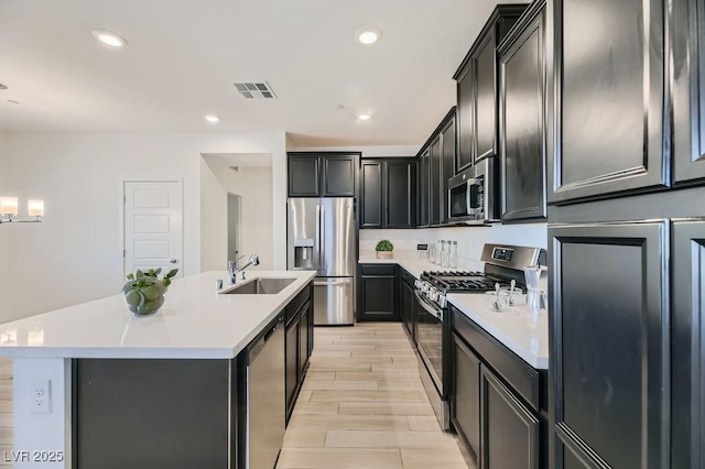 kitchen featuring sink, stainless steel appliances, and a kitchen island with sink