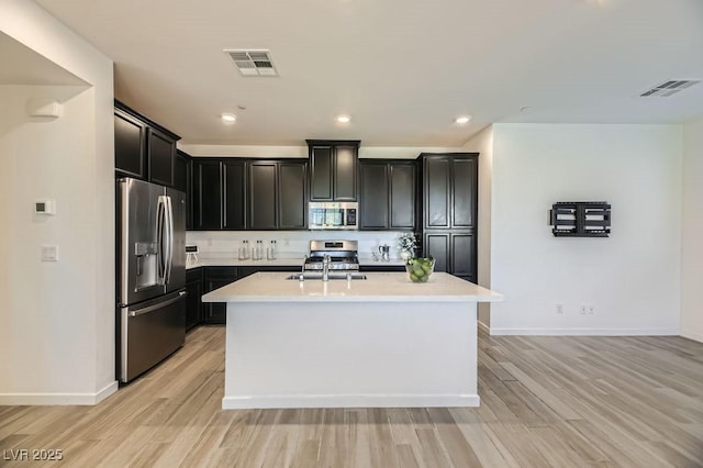 kitchen with light wood-type flooring, a center island with sink, appliances with stainless steel finishes, and sink