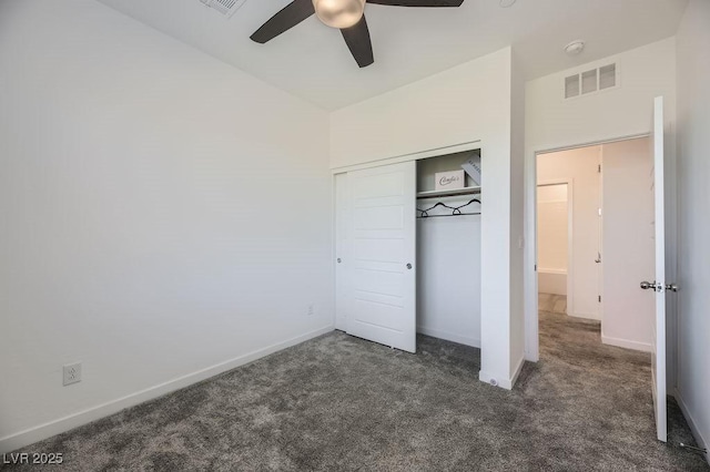 unfurnished bedroom featuring a closet, ceiling fan, and dark colored carpet