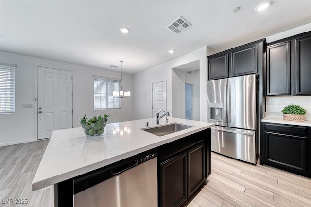 kitchen featuring light wood finished floors, stainless steel appliances, visible vents, a sink, and an island with sink