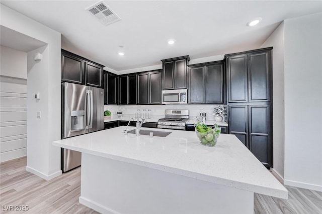 kitchen featuring light wood-style flooring, stainless steel appliances, a sink, visible vents, and an island with sink