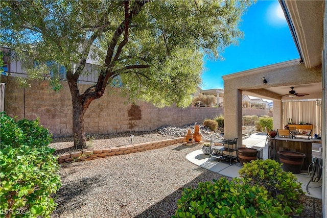 view of yard featuring ceiling fan, a patio, and exterior kitchen