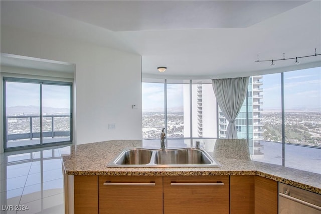 kitchen featuring brown cabinetry, a wealth of natural light, and a sink