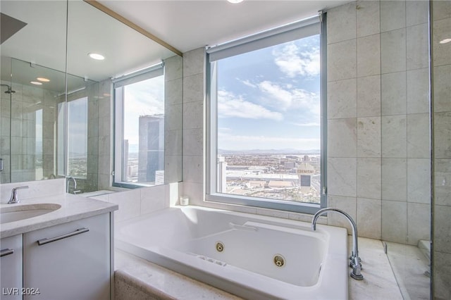 bathroom featuring vanity, a healthy amount of sunlight, and plus walk in shower