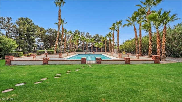 view of swimming pool featuring a yard