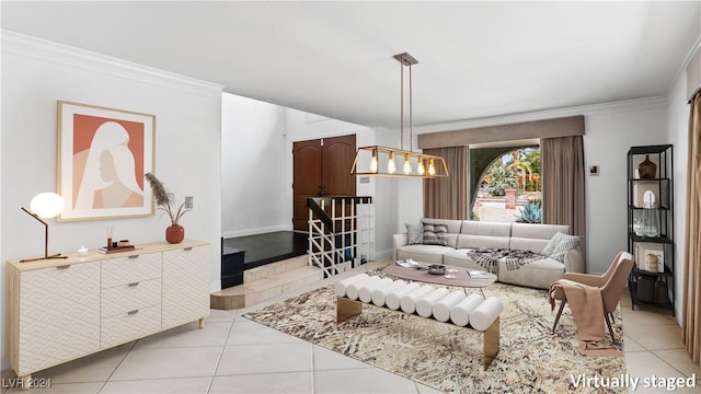 living room featuring light tile patterned floors and crown molding