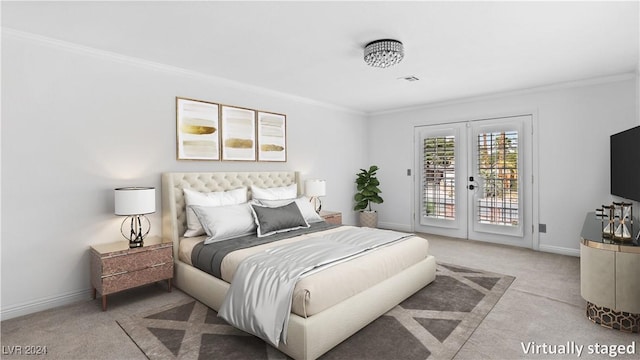 bedroom featuring access to exterior, crown molding, and light colored carpet