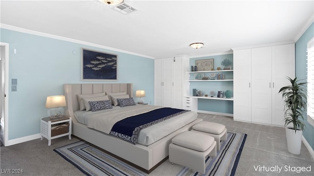 bedroom featuring crown molding and carpet floors