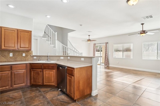 kitchen with ceiling fan, dishwasher, sink, backsplash, and kitchen peninsula