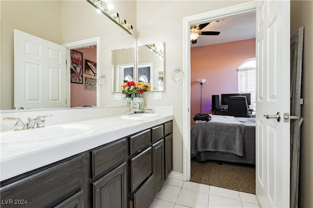 bathroom featuring vanity, tile patterned floors, and ceiling fan