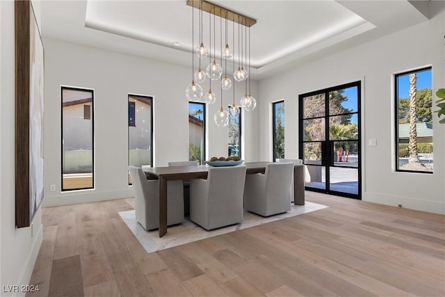 unfurnished dining area featuring light wood-style floors, a raised ceiling, a towering ceiling, and baseboards