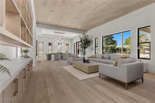 living area with light wood finished floors, a raised ceiling, wood ceiling, and a notable chandelier