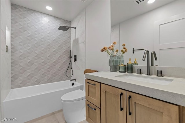 full bathroom featuring toilet, shower / tub combination, tile patterned flooring, vanity, and recessed lighting