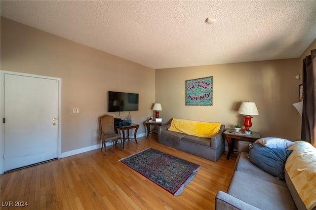 living room featuring a textured ceiling and light wood-type flooring