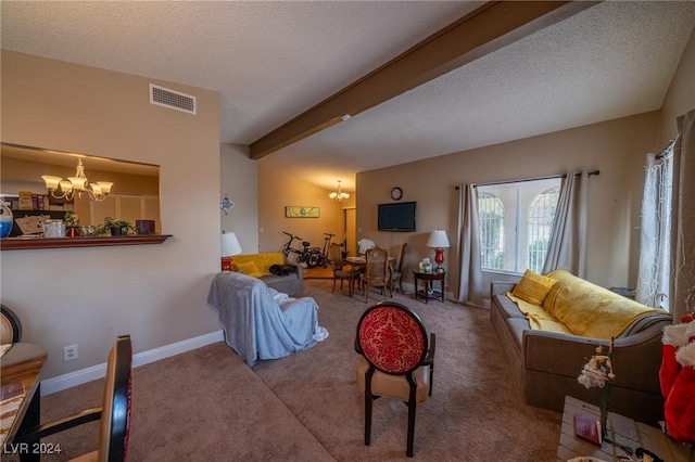 living room with carpet flooring, a textured ceiling, an inviting chandelier, and beamed ceiling