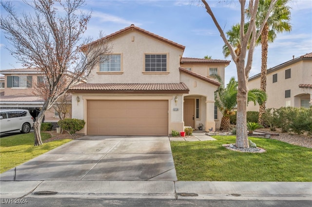 mediterranean / spanish-style house with a garage and a front lawn