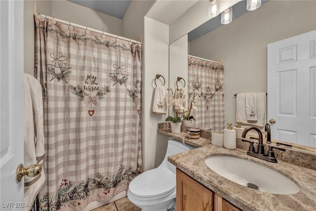 full bathroom with toilet, vanity, tile patterned flooring, and shower / bath combination with curtain