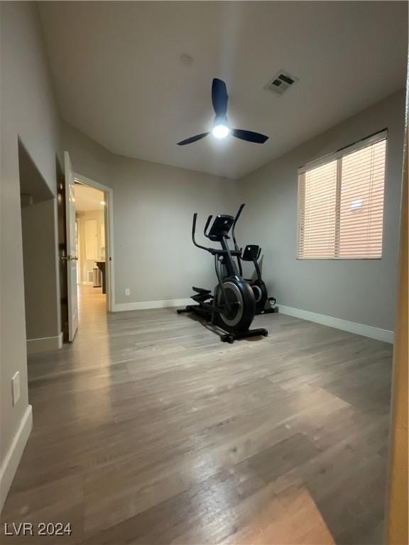 workout room with hardwood / wood-style floors and ceiling fan