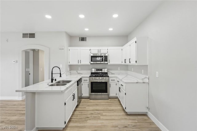 kitchen with visible vents, white cabinets, appliances with stainless steel finishes, a peninsula, and a sink