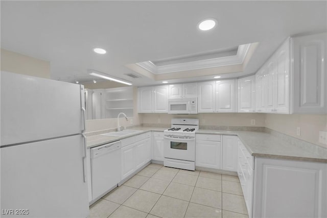 kitchen with sink, white cabinets, a raised ceiling, crown molding, and white appliances