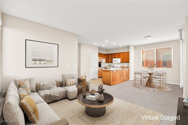 carpeted living room with sink