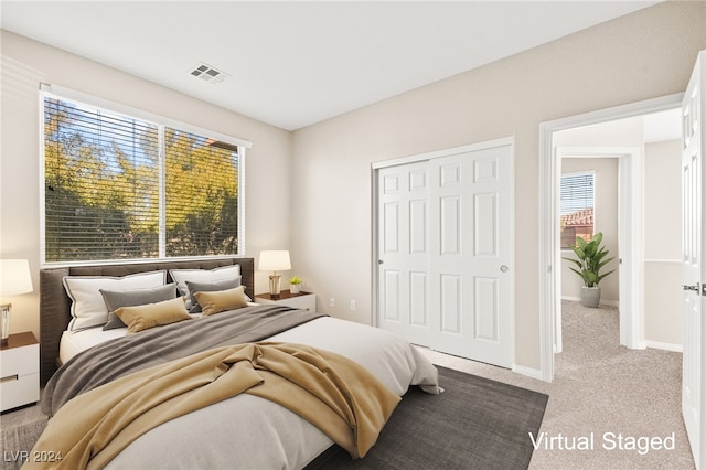 bedroom with multiple windows, light colored carpet, and a closet