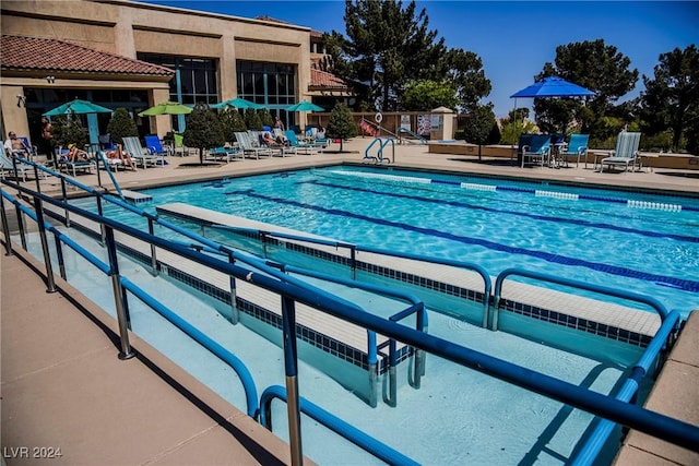 view of pool featuring a patio