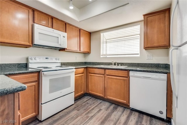 kitchen with wood-type flooring, white appliances, and sink