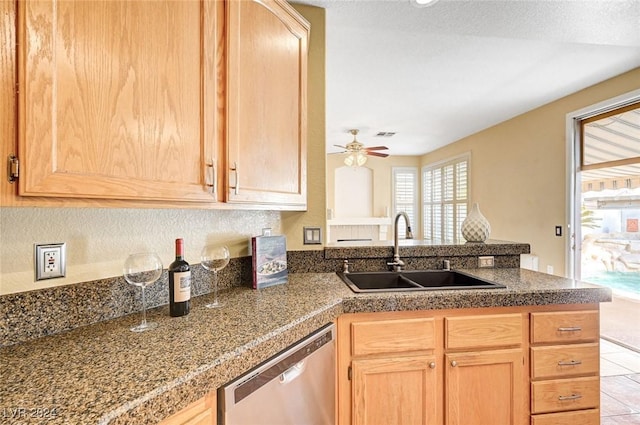 kitchen with sink, ceiling fan, dishwasher, and light brown cabinets