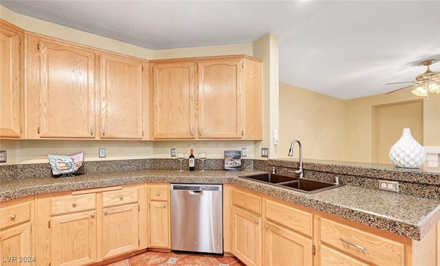 kitchen with kitchen peninsula, dishwasher, light brown cabinets, and sink