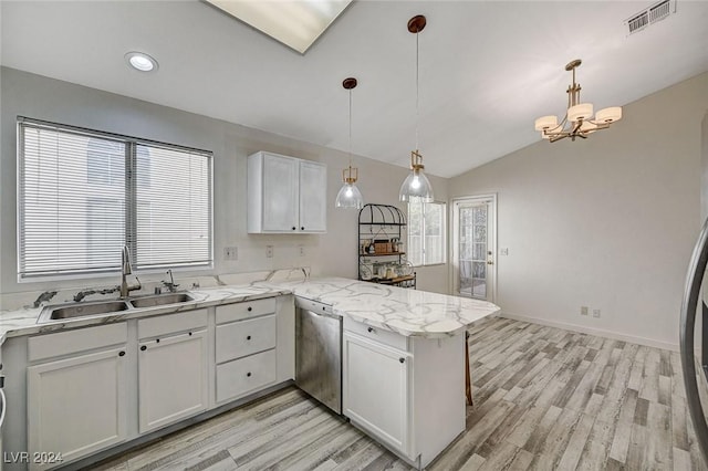 kitchen featuring kitchen peninsula, stainless steel dishwasher, sink, pendant lighting, and white cabinetry