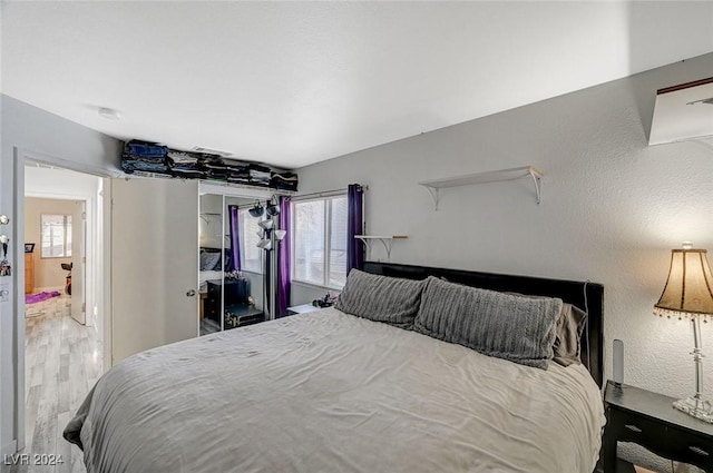 bedroom with hardwood / wood-style floors and multiple windows