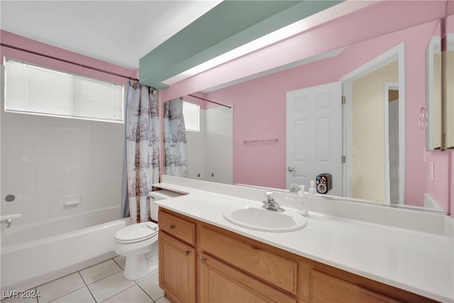 full bathroom with toilet, vanity, tile patterned floors, and shower / tub combo with curtain