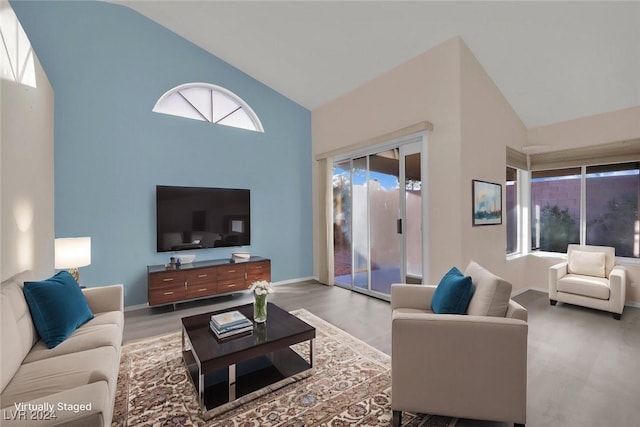 living room with high vaulted ceiling