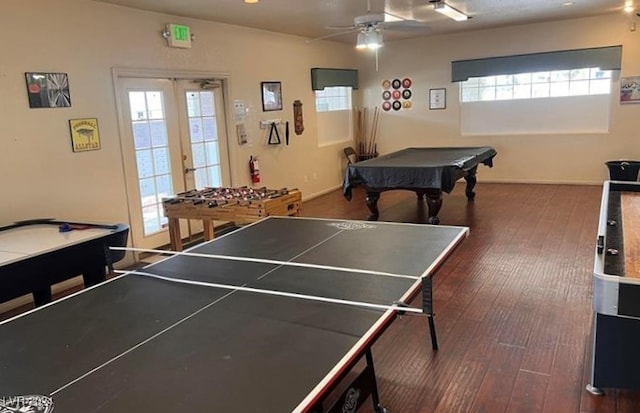 playroom with ceiling fan, dark wood-type flooring, pool table, and french doors