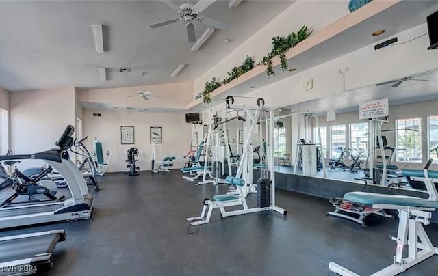 workout area with ceiling fan and vaulted ceiling