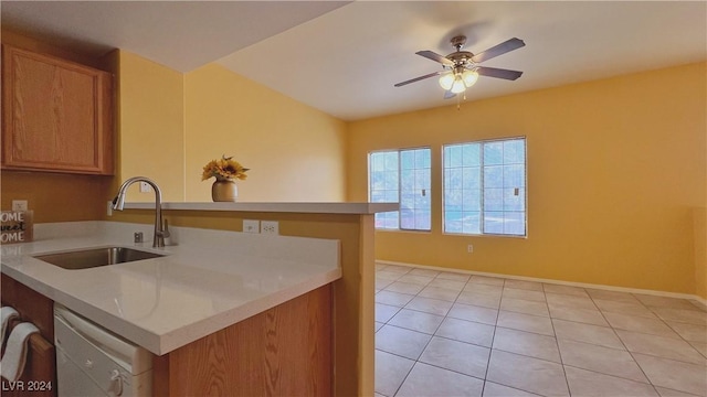 kitchen featuring a sink, dishwasher, light countertops, a peninsula, and ceiling fan