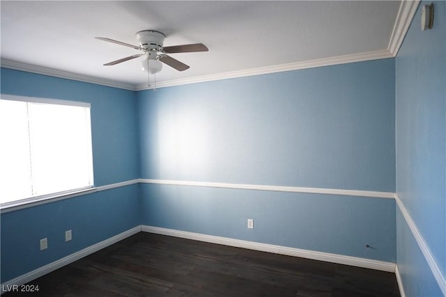 spare room featuring ornamental molding, ceiling fan, and dark hardwood / wood-style flooring