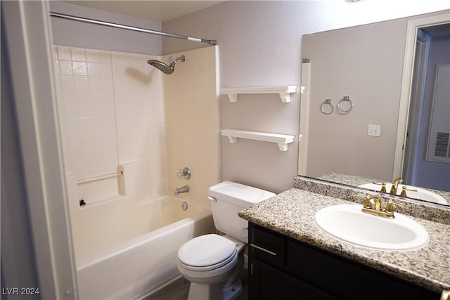 full bathroom with vanity, bathtub / shower combination, and toilet