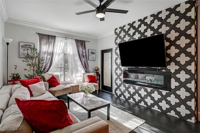 living room featuring ceiling fan, hardwood / wood-style floors, and ornamental molding