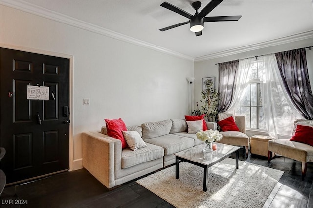 living room with ceiling fan, dark hardwood / wood-style floors, and ornamental molding