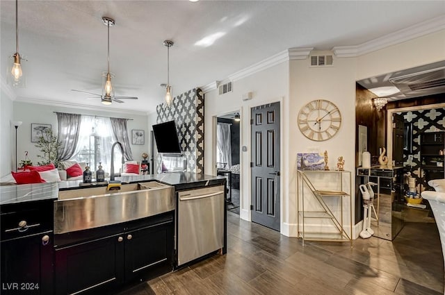 kitchen featuring ceiling fan, dishwasher, dark wood-type flooring, pendant lighting, and ornamental molding