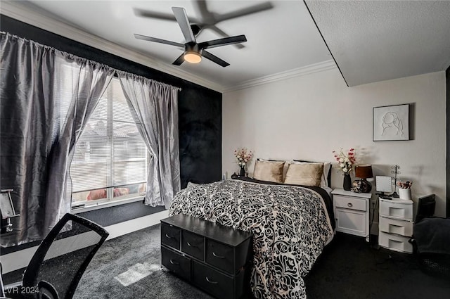 carpeted bedroom with ceiling fan and ornamental molding