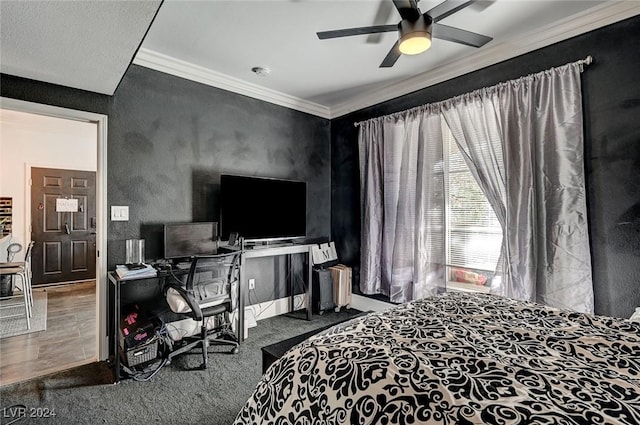 bedroom with carpet flooring, ceiling fan, and crown molding