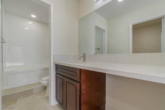 full bathroom featuring vanity, shower / bath combination, and toilet