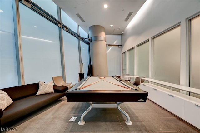 recreation room with carpet and pool table