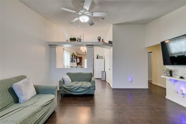 living room with dark wood-type flooring, vaulted ceiling, and a textured ceiling